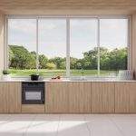 Modern style wooden kitchen with nature view 3d render,The rooms have white tile floors, Big windows overlooking a large garden, sunlight into the room.
