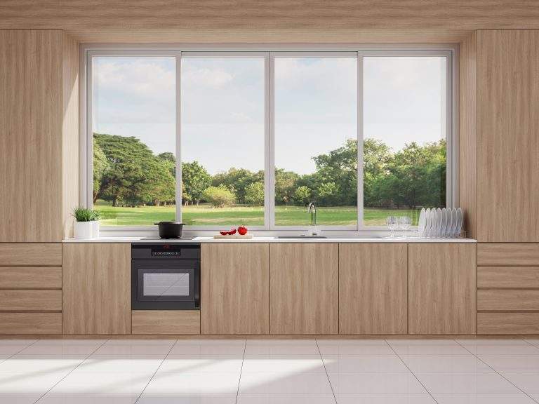 Modern style wooden kitchen with nature view 3d render,The rooms have white tile floors, Big windows overlooking a large garden, sunlight into the room.
